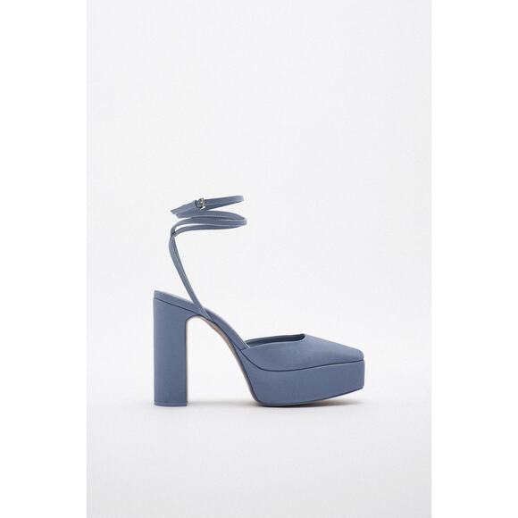 Zara Shoes - ZARA Chunky Heeled Platform Shoes Size 40 Blue Satin EUC $129 MSRP Square Toe